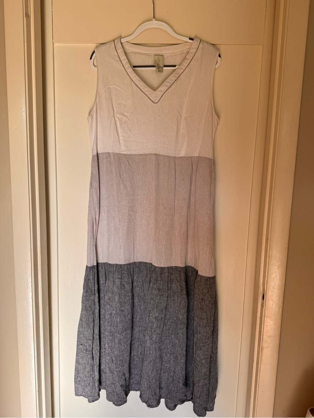 Joie Sleeveless V-Neck Colorblock Maxi Dress in White, Light Gray and Charcoal